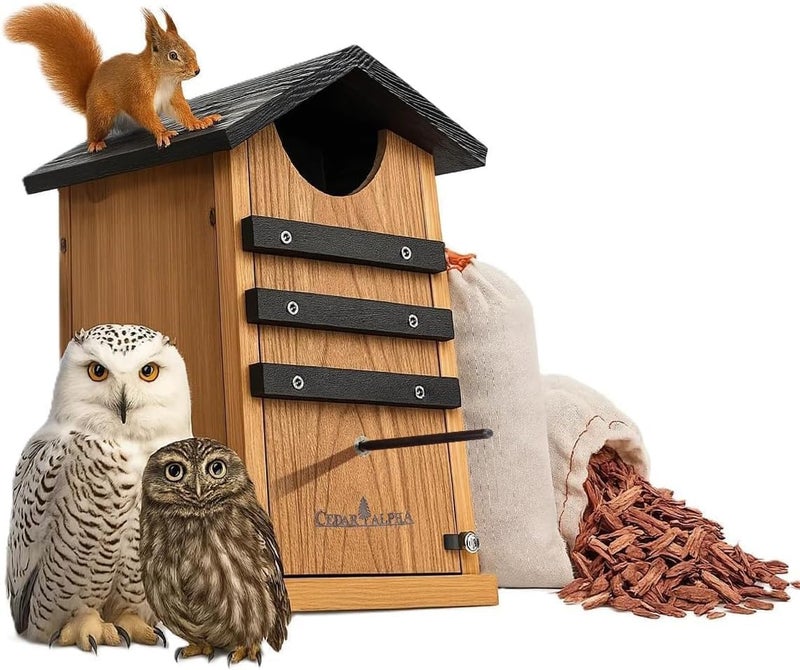 CEDAR ALPHA Cedar Squirrel House, Screech Owl Box, Duck Nesting Shelter, Cedar Bird House for Outside, Rustic Big Birdhouse,Nesting Box, Squirrel Shelter Nester Large Heavy Stainless Steel Perch,Assemble Needed - Image 1